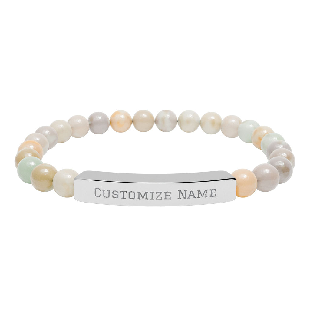 Engravable Natural Stone Bar Bracelet — Custom Name Stretch Beaded Bracelet
