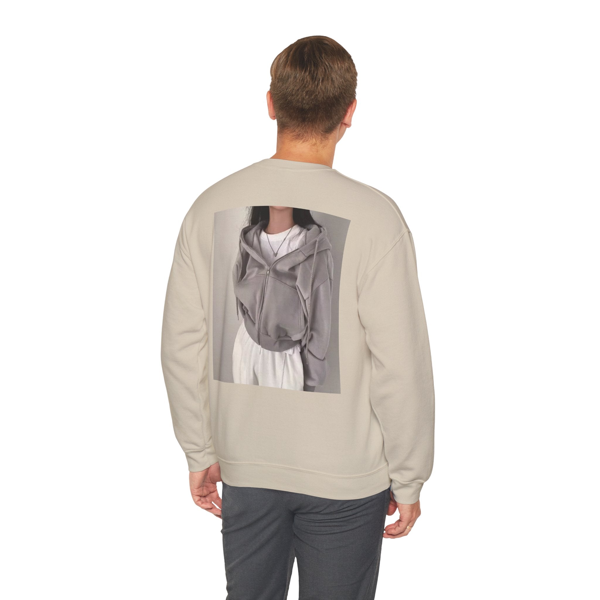 Crewneck Sweatshirt — Minimal Photo-Print Back Graphic, Clean Front Text