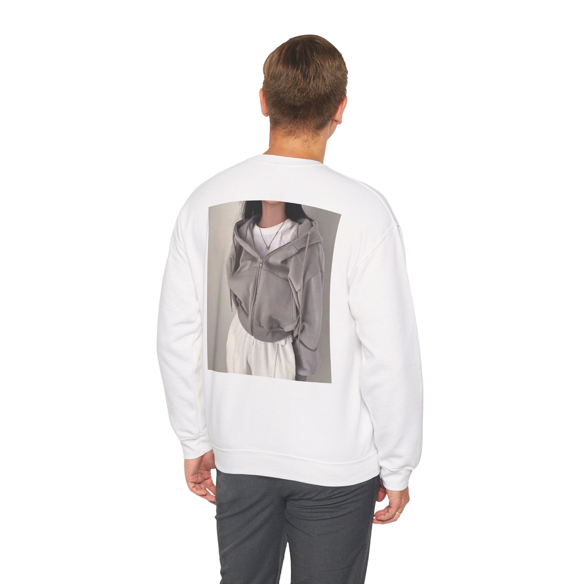Crewneck Sweatshirt — Minimal Photo-Print Back Graphic, Clean Front Text