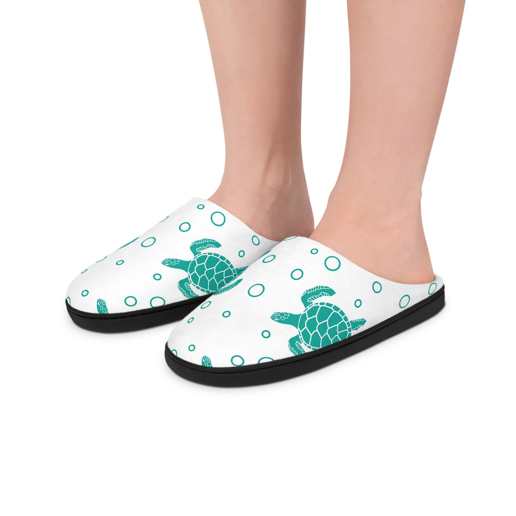 Sea Turtle Pattern Men’s Indoor Slippers — Teal Turtle & Bubbles Design