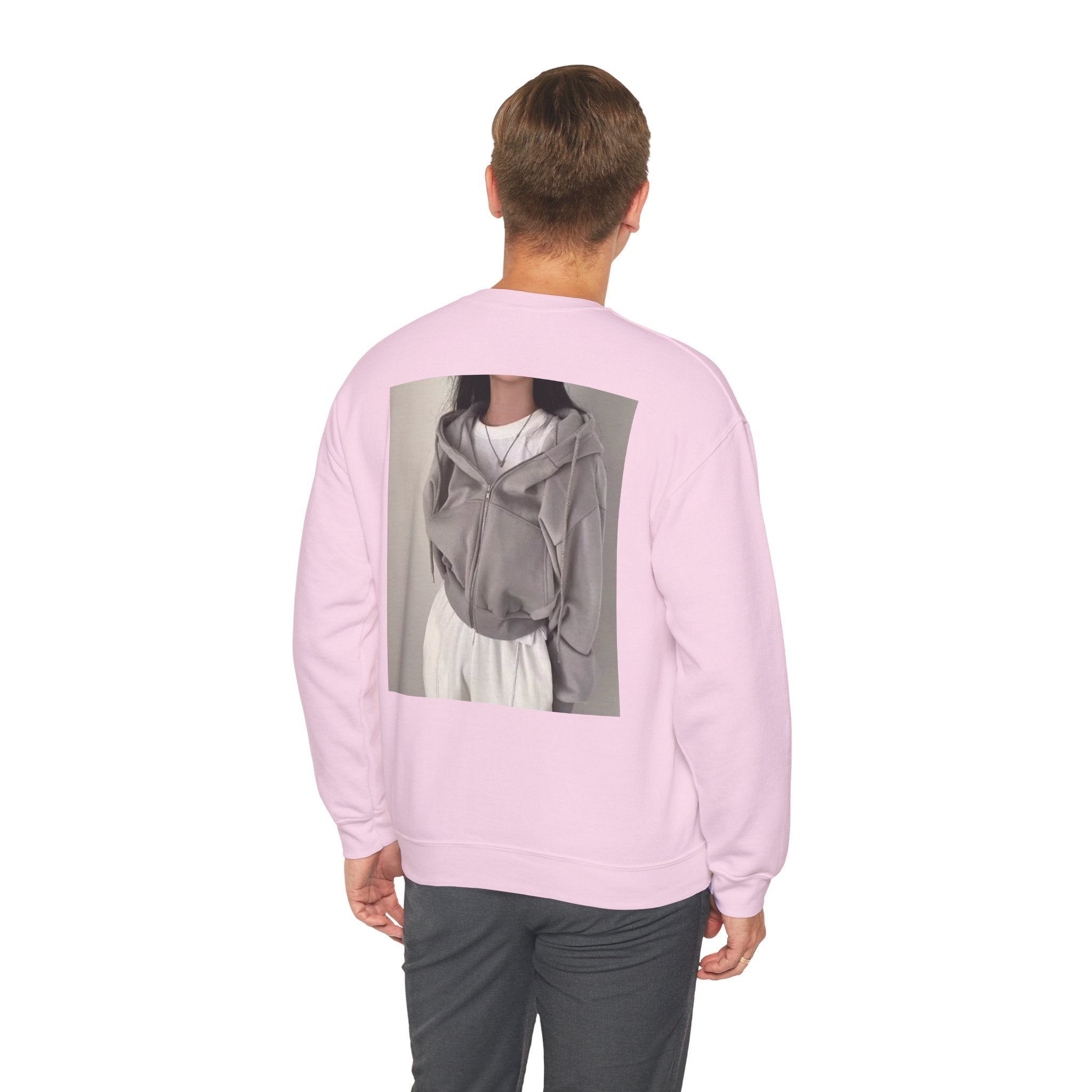 Crewneck Sweatshirt — Minimal Photo-Print Back Graphic, Clean Front Text