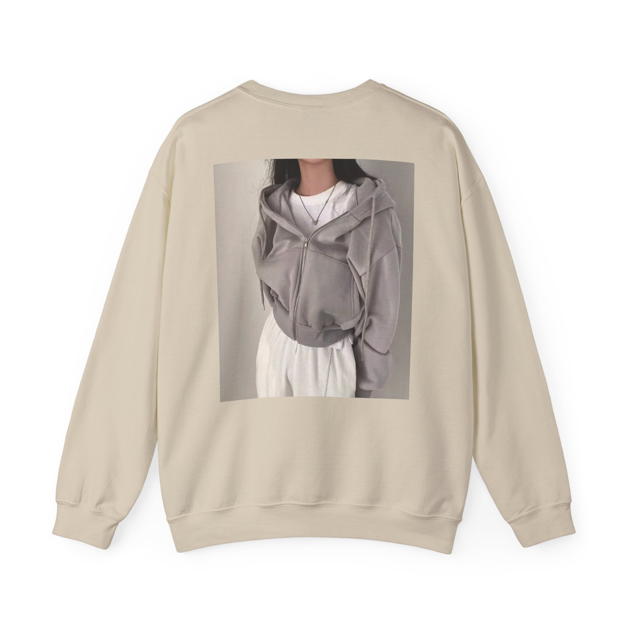 Crewneck Sweatshirt — Minimal Photo-Print Back Graphic, Clean Front Text